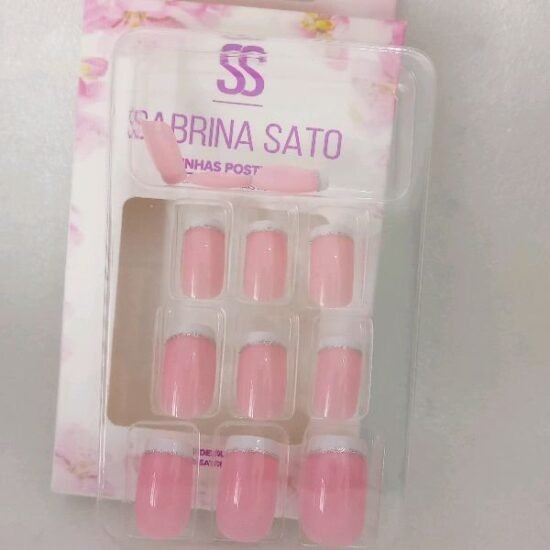 Unha Postiça Adulto Quadrada Média com Francesinha e Traço de Glitter Sabrina Sato com 12 uni (05)